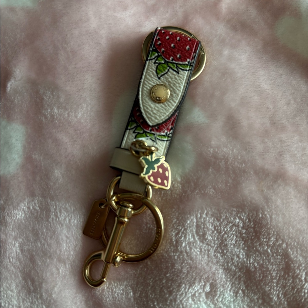 Coach Strawberry Print Key Holder with Gold Hardware
